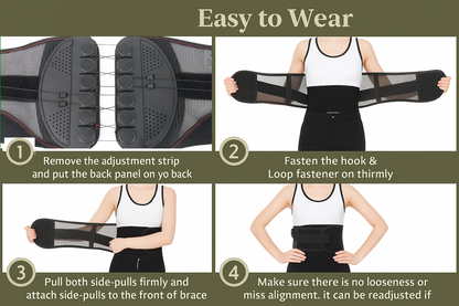 Instructions for wearing a waist brace with images of a person wearing it.
