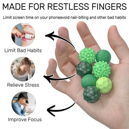Hand holding green and brown textured balls with text on screen time, bad habits, stress relief, and focus improvement.