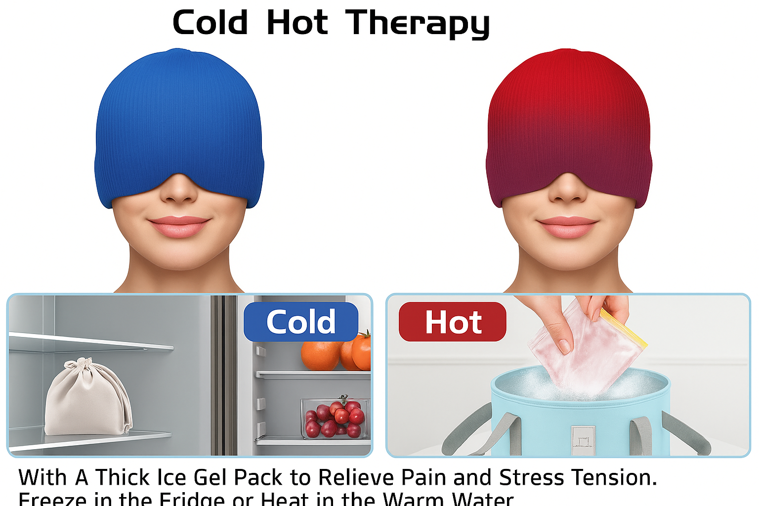 Cold and hot therapy eye masks with ice gel pack and usage instructions.