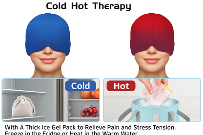 Cold and hot therapy eye masks with ice gel pack and usage instructions.