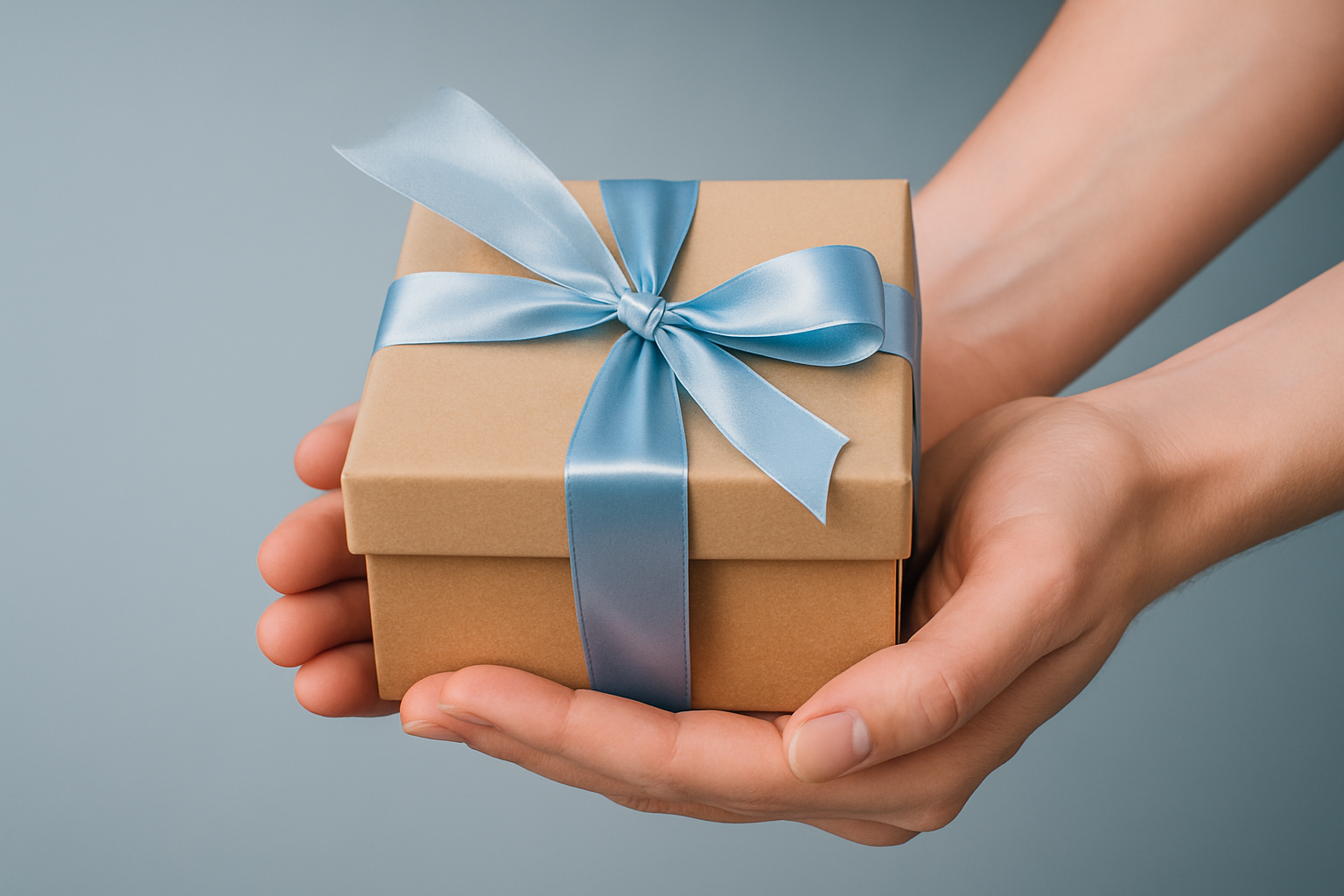Brown gift box with a blue ribbon held by hands against a gray background