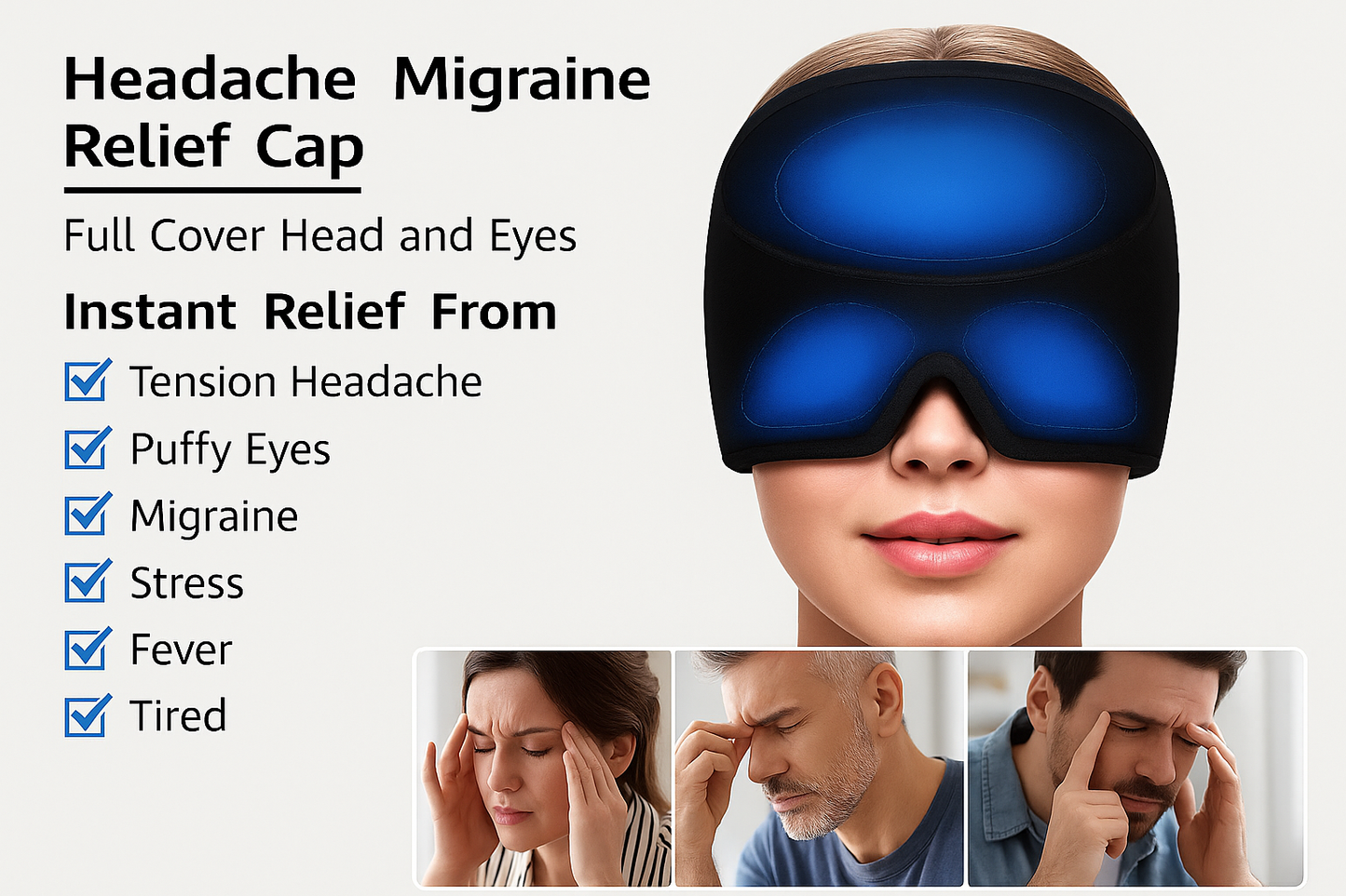 Headache Migraine Relief Cap with features and relief from various conditions on a white background.