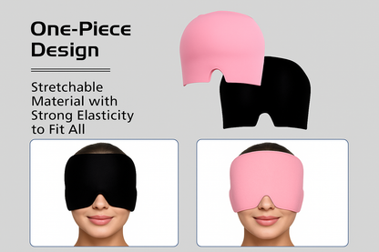 Pink and black sleep masks with stretchable material on a gray background