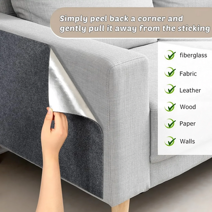 Sofa with a protective cover being peeled back, showing compatibility with various surfaces.