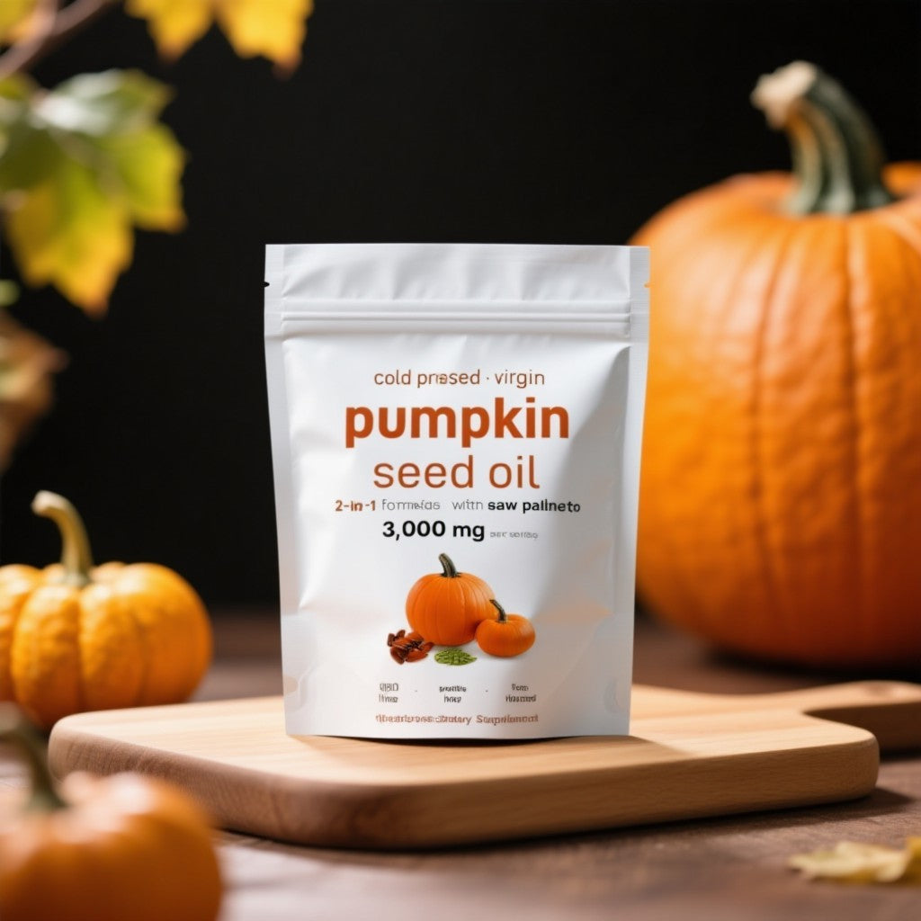 Pumpkin seed oil package on a wooden board with pumpkins in the background