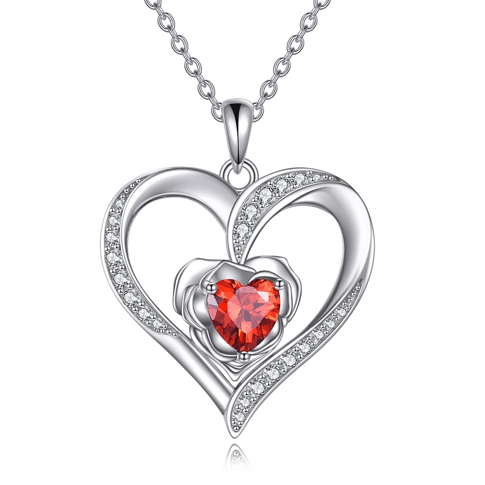 925 sterling silver heart necklace with red gemstone pendant for everyday wear