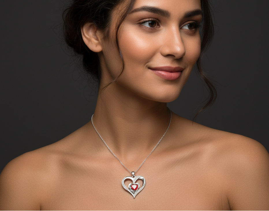 Woman wearing a silver necklace with a heart-shaped pendant on a dark background 
