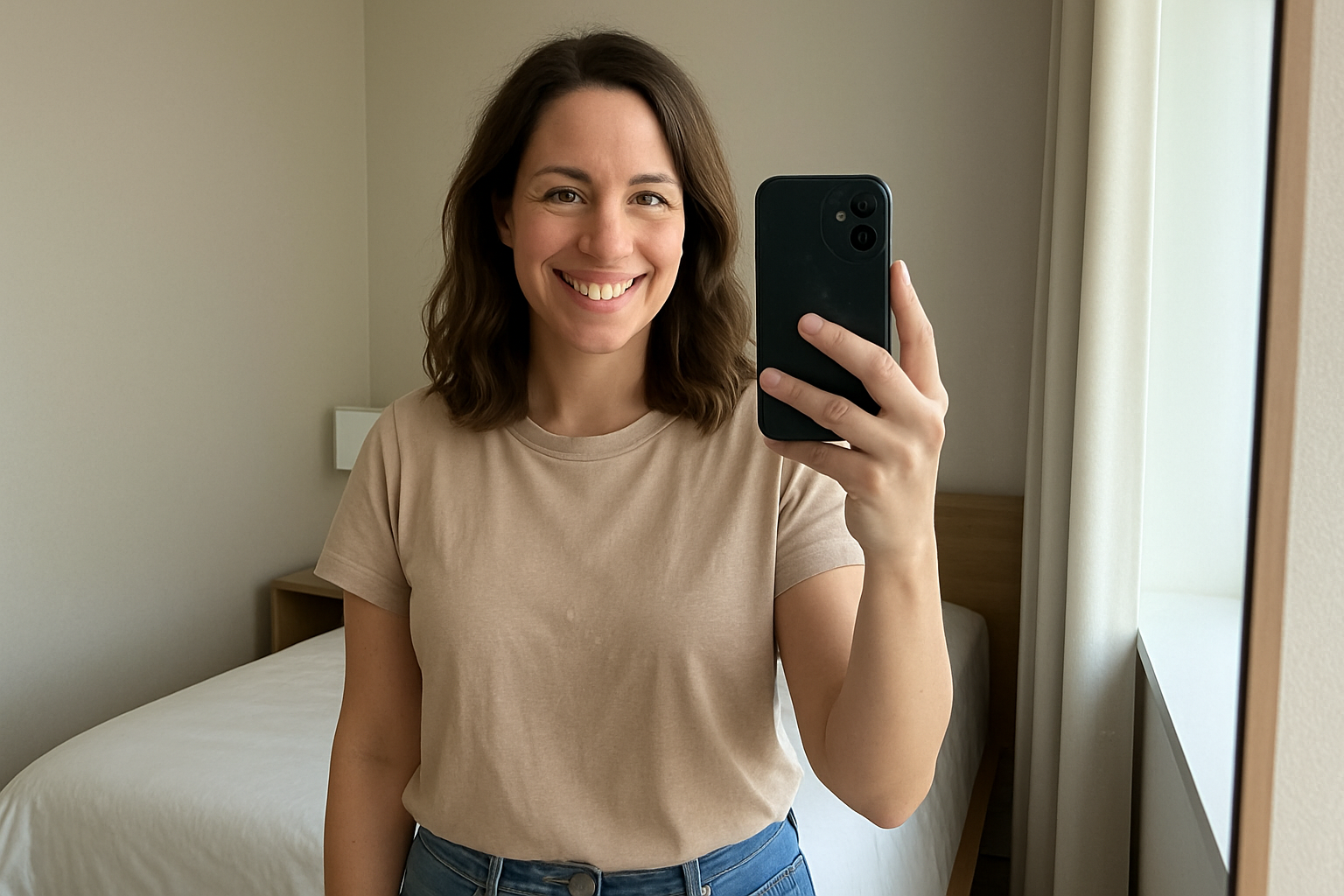 Woman in her 30s taking a mirror selfie