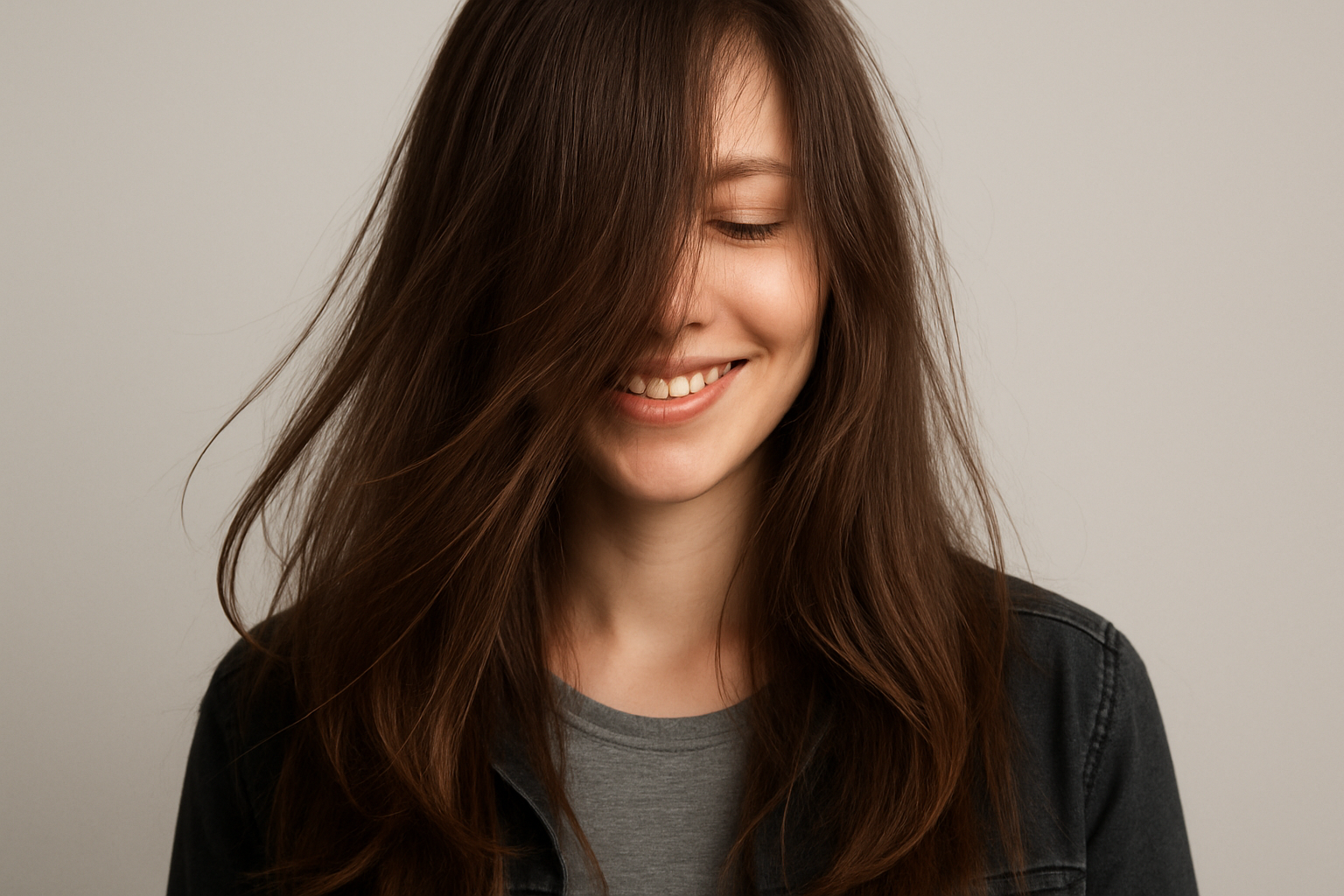 Woman with long hair in front of her face